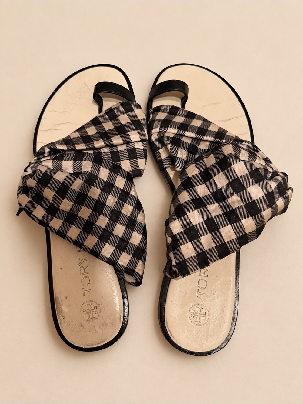 Tory Burch Black & Cream Gingham Knot Slide Sandals